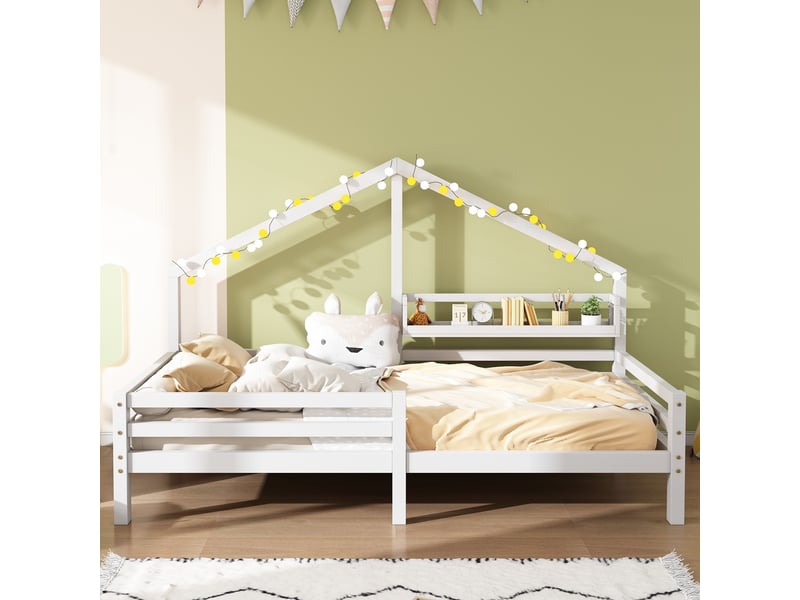  Lit cabane enfant 90x200 cm, lit maison avec étagère intégrée, forme cheminée, blanc Fay Lum - Conforama E