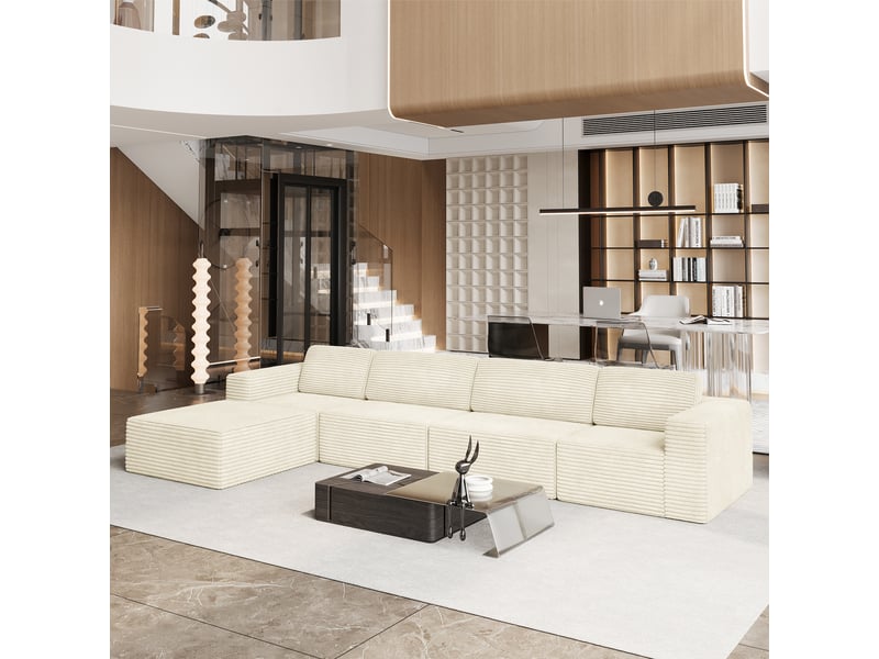  Canapé d'angle 4 places modulaire en velours côtelé avec 1 pouf,canapé compressé,sans assemblage,404x202x82cm,beige 404x202x82CM - Conforama W