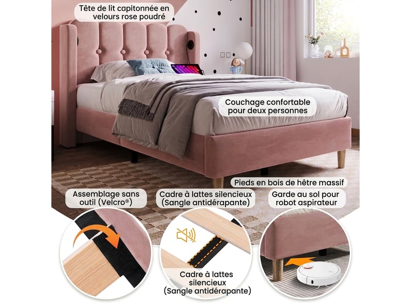  Lit simple 90x200 avec port usb c, lit capitonné rose en velours avec sommier à lattes  - Conforama C