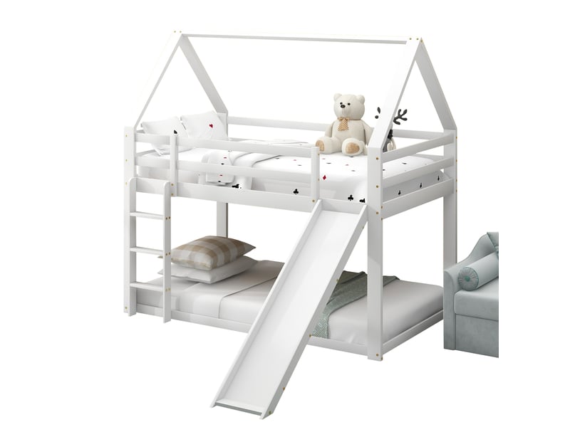  Lit superposé enfant 90x200 cm avec toboggan et échelle blanc  - Conforama A