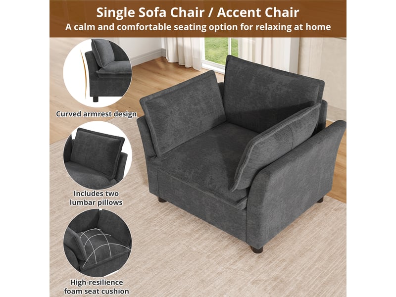  Fauteuil lounge avec accoudoirs ergonomiques et 2 coussins, assise confortable en chenille gris, 90 × 81 × 87 cm  - Conforama E