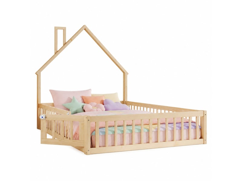  Lit enfant cabane 140 x 200 cm naturel en bois de pin et mdf avec sommier à lattes  - Conforama A