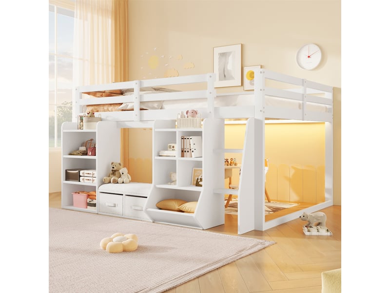  Lit mi-hauteur 140x200 cm avec étagères et 2 tiroirs en tissu, lit enfant avec coin lecture et coussin d'assise, gain de place en pin et mdf blanc  - Conforama D