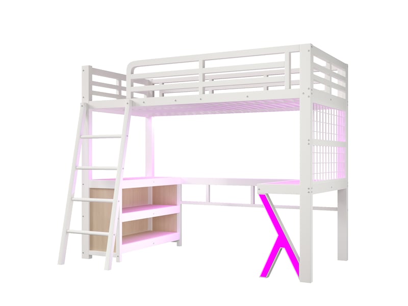  Lit mezzanine 90 x 200 cm en métal blanc avec bureau, armoire de rangement, panneau grillagé et éclairage led intégré  - Conforama A