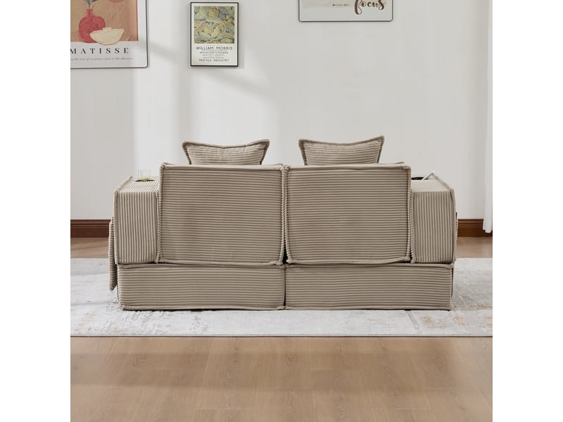  Canapé 2 places en velours côtelé kaki, canapé modulable avec pouf, rangement latéral et confort généreux pour le salon  - Conforama C