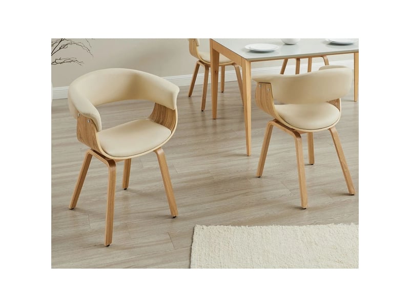  Chaise contemporaine nera en cuir artificiel beige crème et structure effet chêne clair avec accoudoirs  - Conforama D