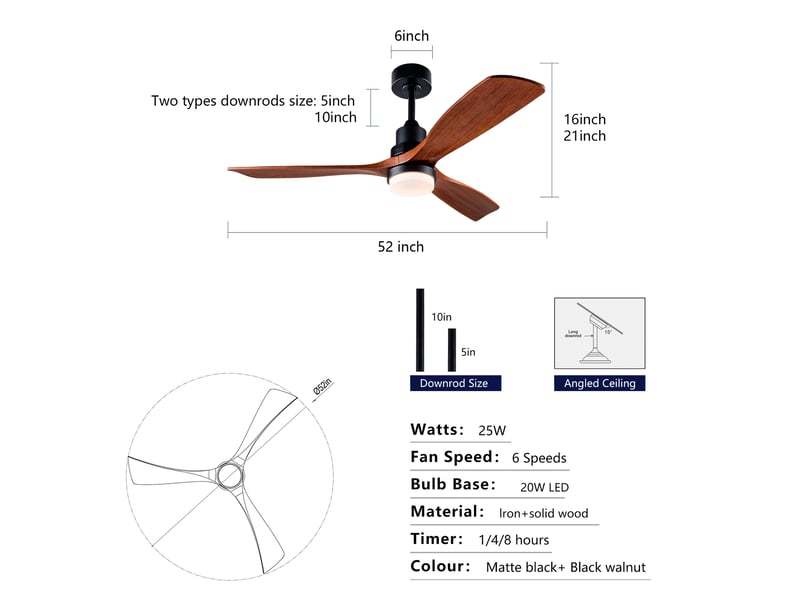  Ventilateur de plafond avec éclairage télécommande bois noyer et noir d. 132 cm W5766P467497 - Conforama C