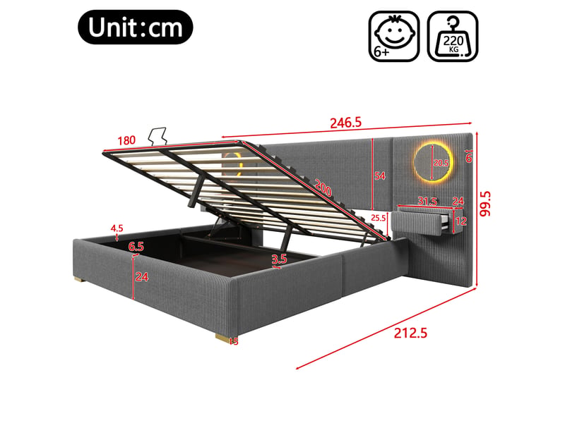 Lit coffre 180 × 200 cm 2 places avec rangement hydraulique, led, usb et tête de lit en velours, sans matelas, gris  - Conforama D