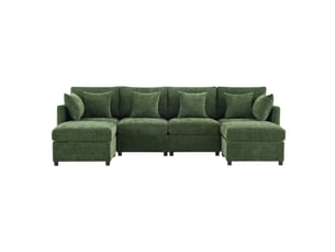 Canapé d’angle modulable en ul en chenille vert, avec 2 poufs et 6 coussins, design moderne