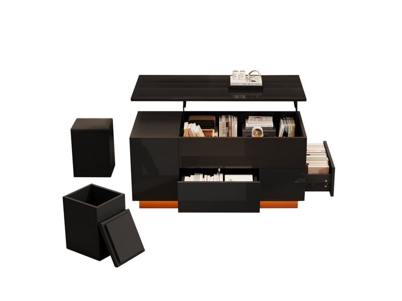  Table basse relevable 100x50 cm noire brillante avec led, 2 poufs et rangement caché  - Conforama W
