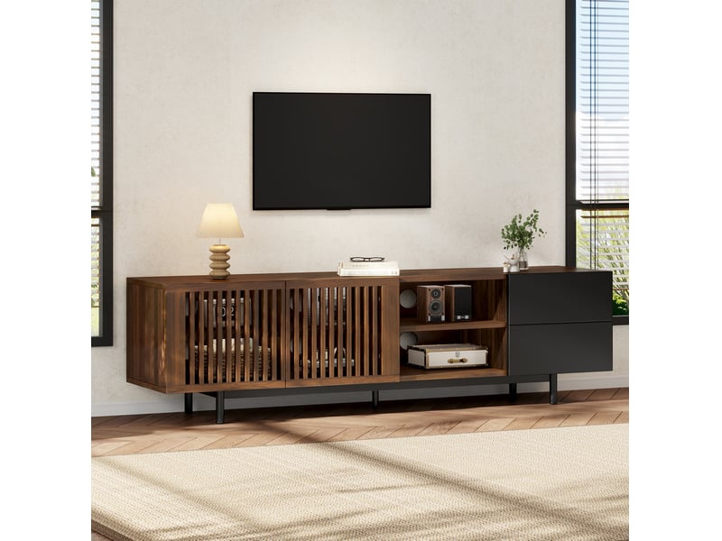  Meuble tv 160x38x50 cm – noir et couleur bois – 2 tiroirs, rangements ouverts et portes à lamelles  - Conforama B