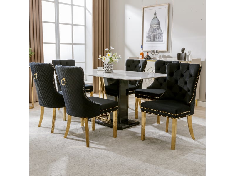  Lot de 6 chaises de salle à manger,50,5x45x95 cm,velours et métal doré,noir  - Conforama D