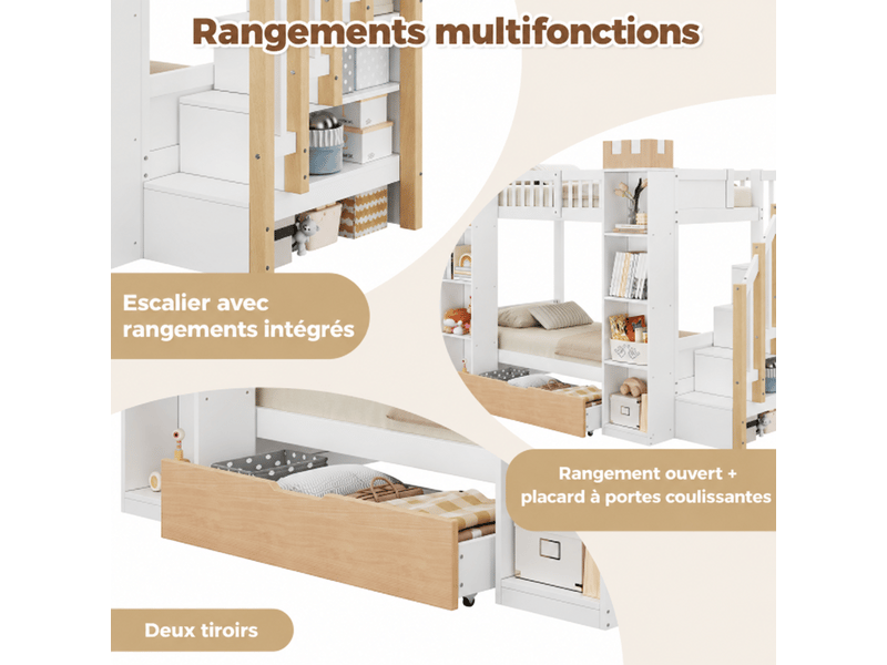 Lit superposé en bois 90x200 cm avec tiroirs, sécurité, escalier de rangement château, blanc et bois naturel - Conforama E