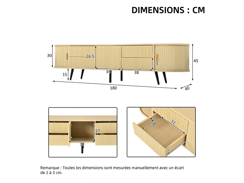  Meuble tv ovale 180 cm bois naturel pour écran 80 pouces - 4 tiroirs et porte coulissante  - Conforama C