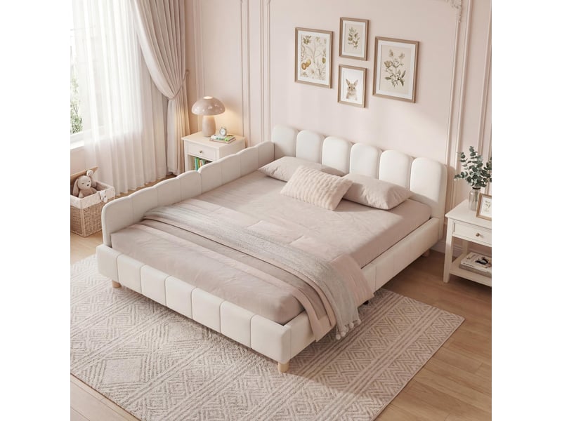  Lit enfant 2 places 140×200 cm avec dossier incliné, accoudoirs modulables - okmyhome- beige, sans matelas  - Conforama C