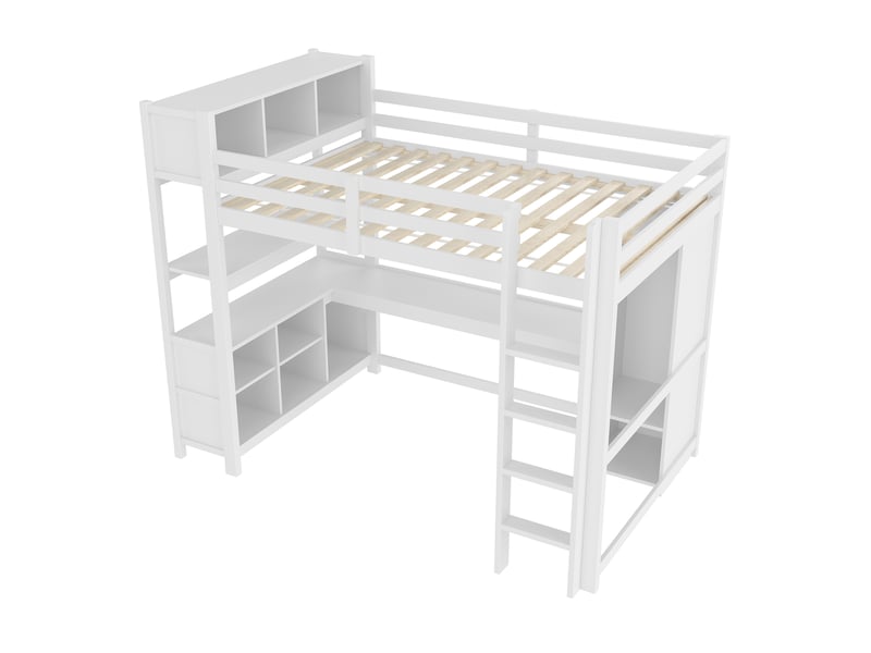 Lit mezzanine avec bureau, armoire, étagères et rangements, blanc, 140x200 cm - Conforama D
