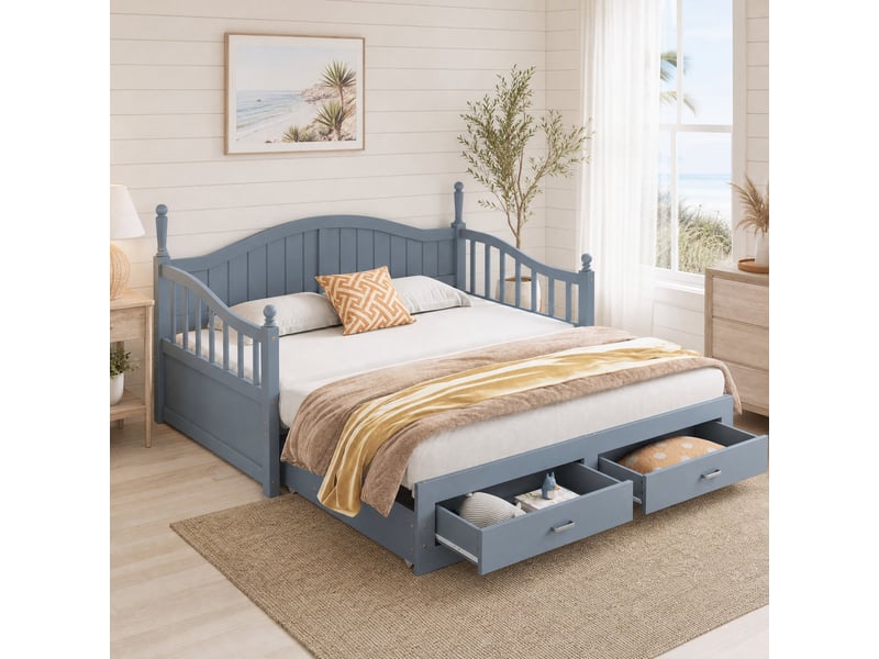  Lit banquette 2 places en bois avec lit gigogne, 2 tiroirs et accoudoirs, 90x190 et 180x190 cm, matelas non précisé  - Conforama C