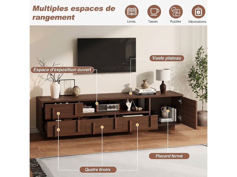  Meuble tv 180 cm pour écran 75 pouces - 4 tiroirs et niches - couleur noyer  - Conforama R