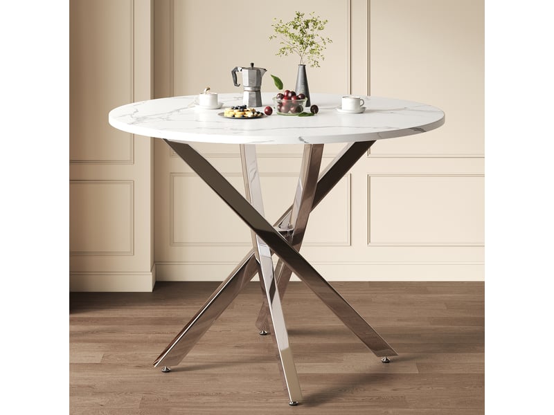  Table à manger ronde diamètre 80 cm avec plateau effet marbre et pieds croisés argentés  - Conforama W