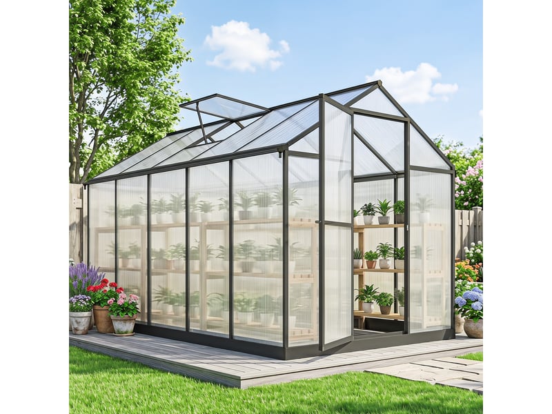  Serre de jardin en aluminium polycarbonate, serre avec fenêtres supérieures réglables 303x183x195cm transparent  - Conforama D