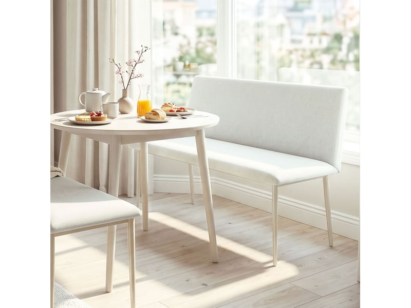  Banc de salle à manger 2 places sans accoudoirs en polyester beige aspect lin, pieds métal, pour repas confortables  - Conforama E