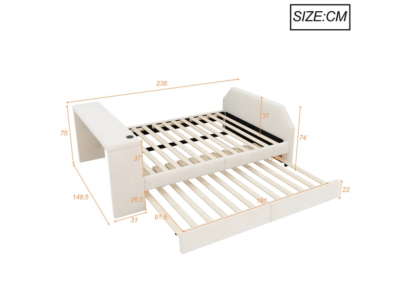 Lit enfant 140x200 cm en velours avec bureau, port usb et lit gigogne beige chicfurn  - Conforama D