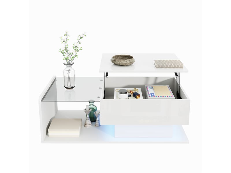  Table basse laquée blanche brillante, table d'appoint, table basse avec plateau en verre et éclairage led.  - Conforama E