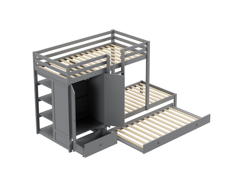  Lit superposé en bois massif avec lit gigogne 90x200, lit enfant avec armoire, tiroirs et étagère, gris  - Conforama D