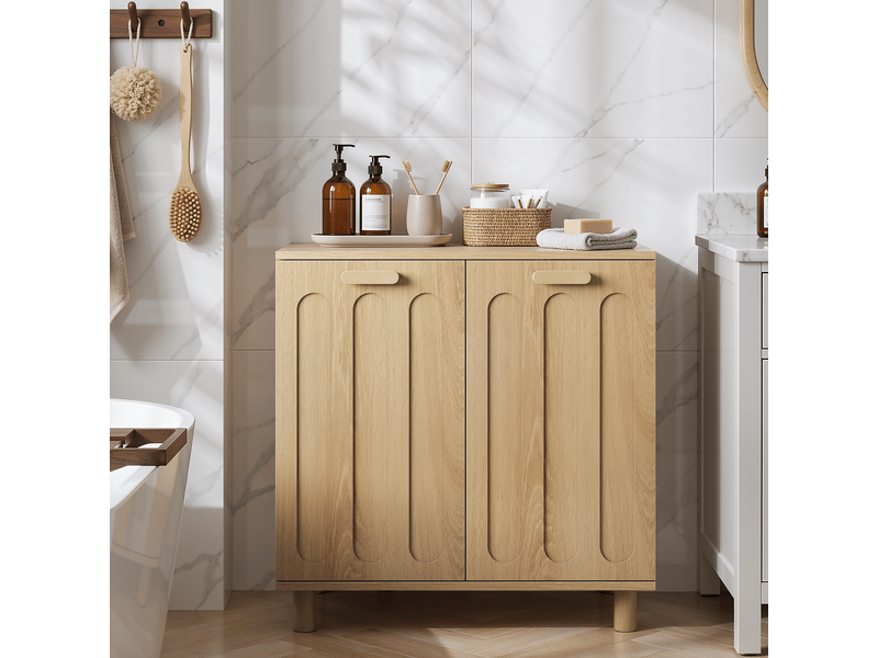  Panier à linge basculant 66x35x67 cm avec 2 paniers amovibles, rangement salle de bain, mdf décor chêne  - Conforama W