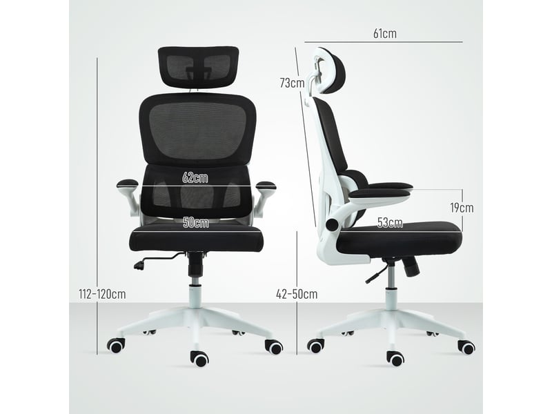Chaise de bureau ergonomique noire avec appuie-tête réglable, dossier maille et accoudoirs relevables - Conforama E