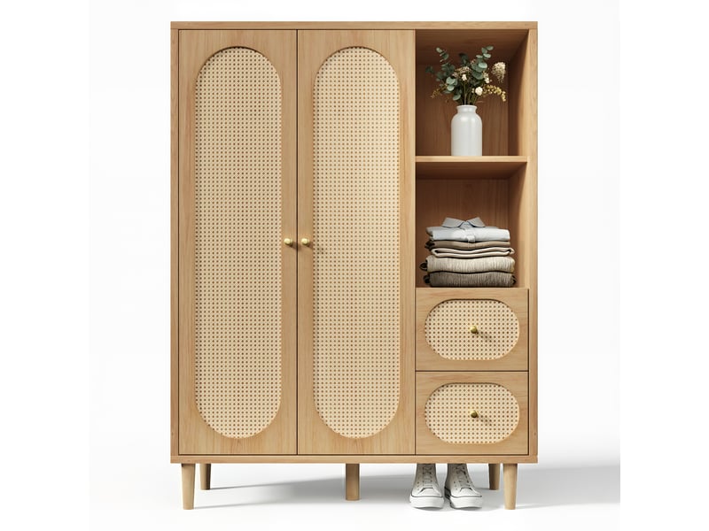 Armoire chambre 120x48x161 cm - penderie 2 portes, 2 tiroirs, étagères ouvertes, cannage rotin, effet chêne - Conforama A