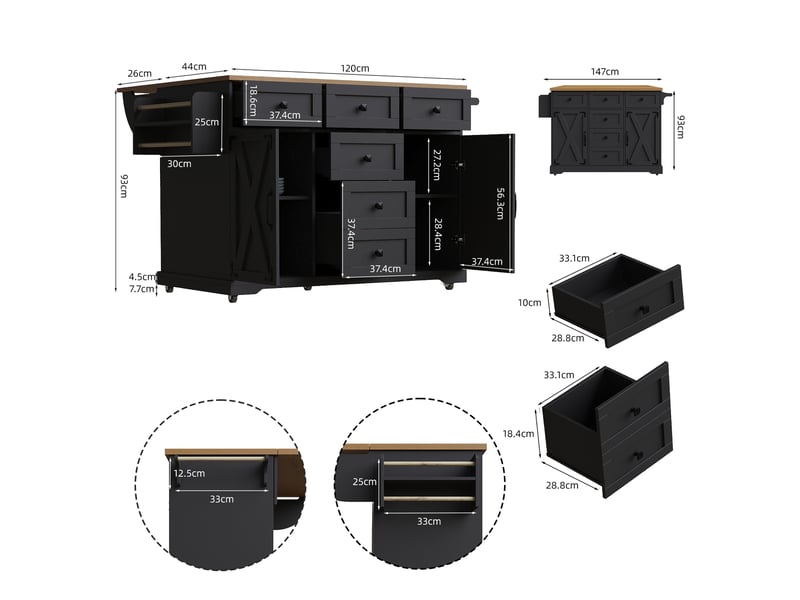  Desserte cuisine, îlot central sur roulettes avec plan de travail, plateau extensible, dimensions 147 x 44 x 93 cm, mdf, noir  - Conforama C