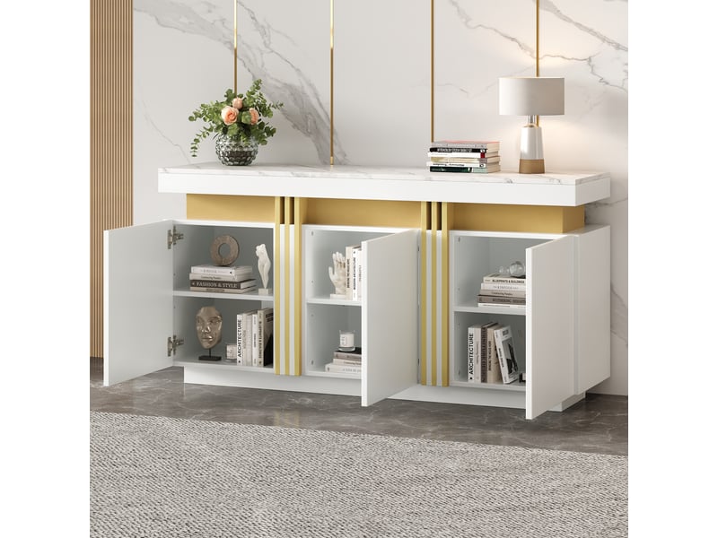  Buffet blanc moderne meuble de rangement 3 portes plateau effet marbre 140cm  - Conforama D
