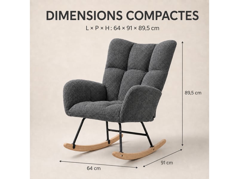  Fauteuil à bascule teddy gris, fauteuil rocking-chair ergonomique avec dossier haut et accoudoirs rembourrés, base en bois massif, chaise de relaxation pour salon, chambre et chambre bébé  - Conforama D
