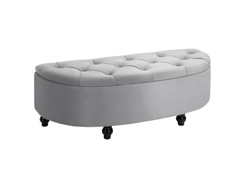  Banc de rangement, coffre de rangement design capitonné demi-cercle bout de lit avec revêtement velours, pieds en bois d'hévéa, pour salon, chambre, entrée, gris, 120 x 46 x 42 cm  - Conforama B