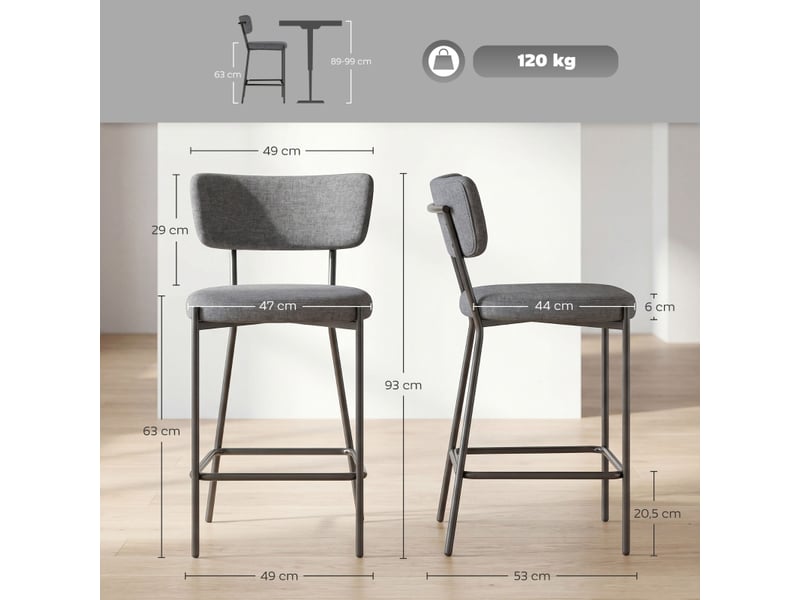  Tabouret de bar 2 pièces avec dossier incurvé, repose-pieds et assise rembourrée en polyester gris  - Conforama D
