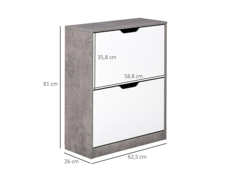  Meuble à chaussures meuble d'entrée placard de rangement, 2 portes abattantes, 62,5 x 26 x 81 cm, gris et blanc  - Conforama E