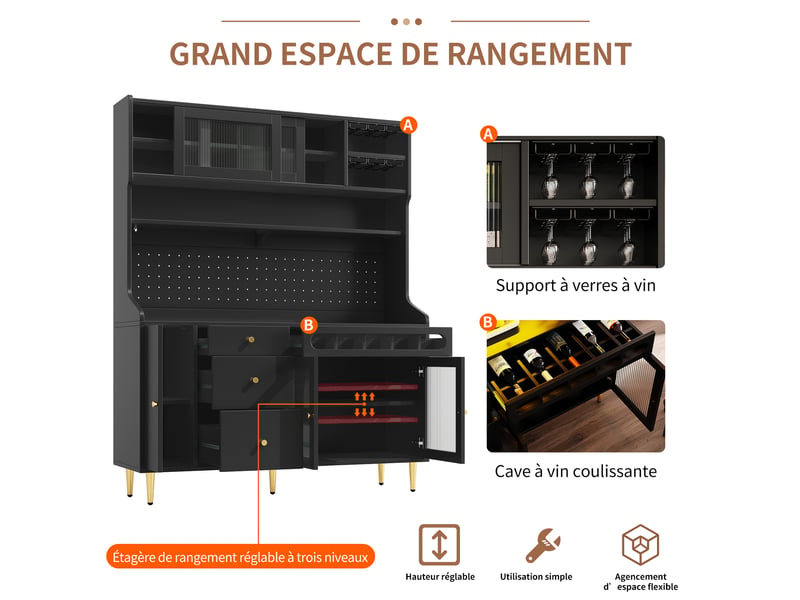  Meuble de cuisine muvano, buffet haut noir avec éclairage led, 145 × 39 × 171 cm  - Conforama D