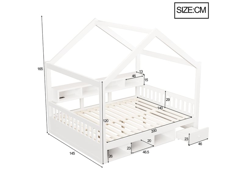  Lit cabane 140x200 cm avec rangements, led et prises, blanc  - Conforama E