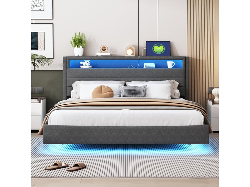 Lit double 160x200 cm - lit pour ado rembourré avec led et usb, tête de lit réversible lin gris - Conforama E