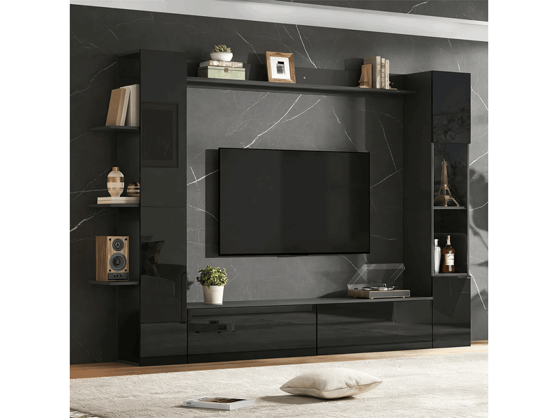  Meuble tv mural 245x30x170 cm avec rangement vitrine porte amovible ensemble 4 pièces noir BUBBLY - Conforama C