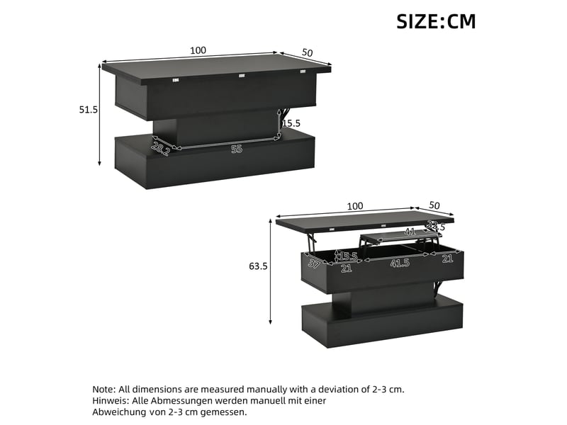 Table basse relevable avec rangement caché, prises et led, plateau réglable, pour salon, noir, 100 × 50 × 51,5 cm - Conforama D