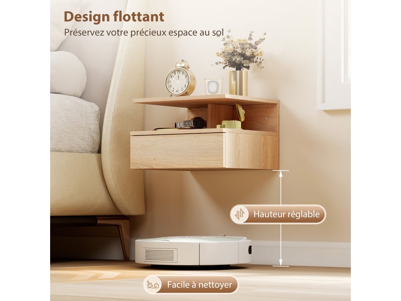  Lot de 2 tables de chevet murales, tables de nuit suspendues avec tiroir, 35x32x22,5cm, étagère ouverte, chêne  - Conforama E