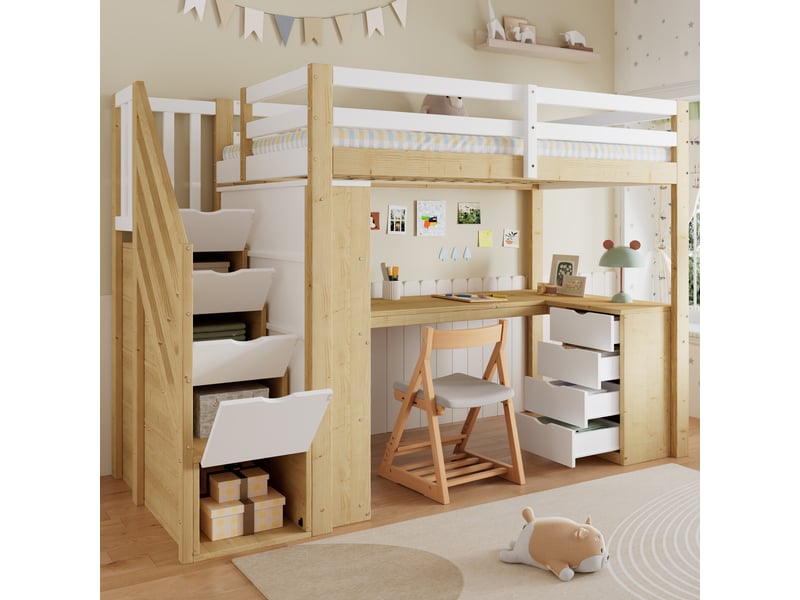  Lit mezzanine enfant 90x200cm blanc et bois naturel, bureau intégré, escalier de rangement, étagères et tiroirs, pin et mdf, aménagement gain de place  - Conforama C
