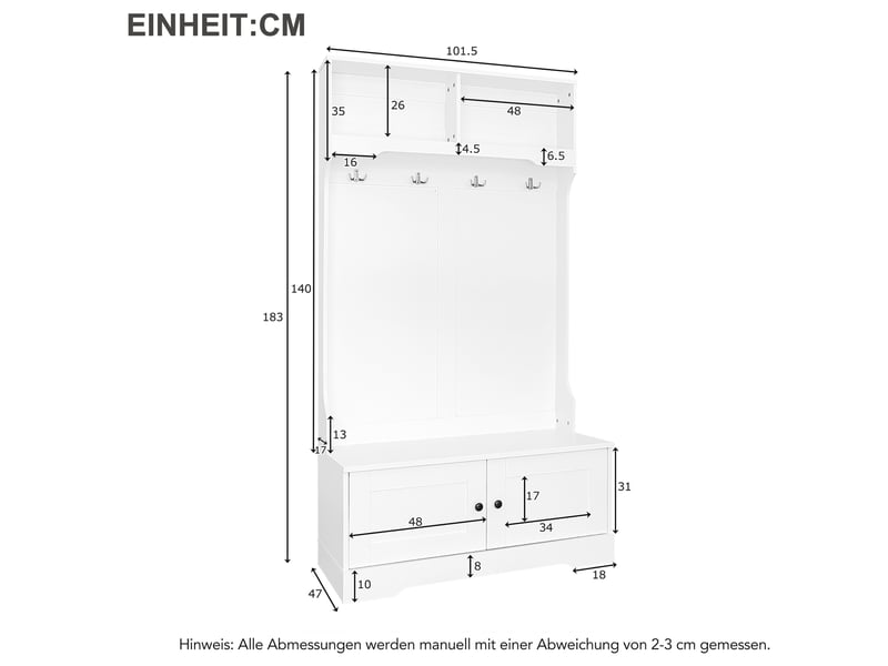  Meuble d'entrée pour chaussures avec banc, 2 portes, 2 niches et 4 crochets à fermeture douce, blanc, 101,5×183 cm  - Conforama D