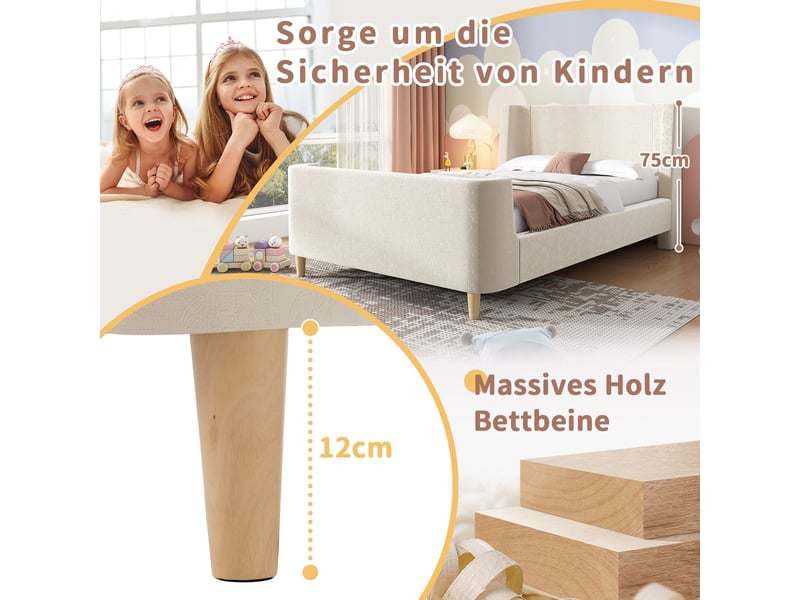  Lit rembourré 90x200 cm velours doux beige motif cosmique - lit enfant - design traîneau, sommier à lattes inclus, montage facile  - Conforama E