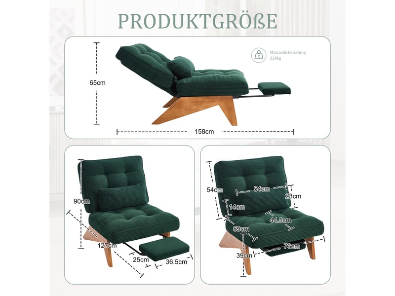  Fauteuil de salon 127x73x90cm – pas d'accoudoirs - avec repose-pieds rétractable, dossier inclinable et coussin lombaire – velours côtelé - vert  - Conforama C