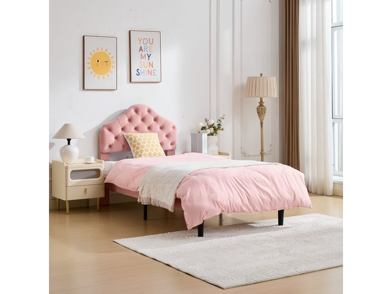  Lit simple 90x200cm en velours rose - tête de lit réglable en forme de nuage, lattes en bois massif  - Conforama B