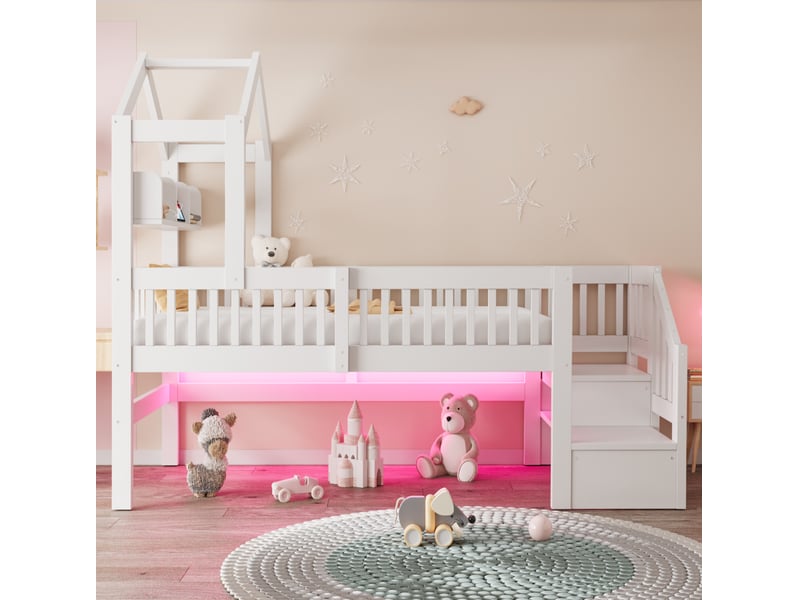 Lit mezzanine mi-hauteur enfant 90x200 cm avec rangements et éclairage, bois et mdf, blanc, sans matelas - Conforama D