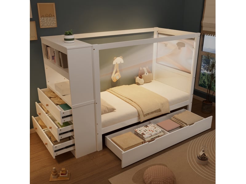  Lit enfant 90x200 cm avec meuble de rangement et 5 tiroirs, blanc et bois naturel  - Conforama D